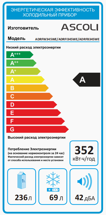Энергетическая этикетка холодильника Ascoli ADRF345WE: класс A, 352 кВт·ч/год