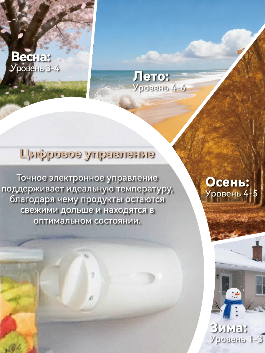 Регулятор температуры ретро-холодильника Ascoli ARDFRY100 с рекомендациями по сезонам